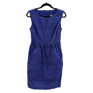 J.Crew Blue Cotton Eyelet Sheath Dress Women’s Size 6 Sleeveless Lined Pockets